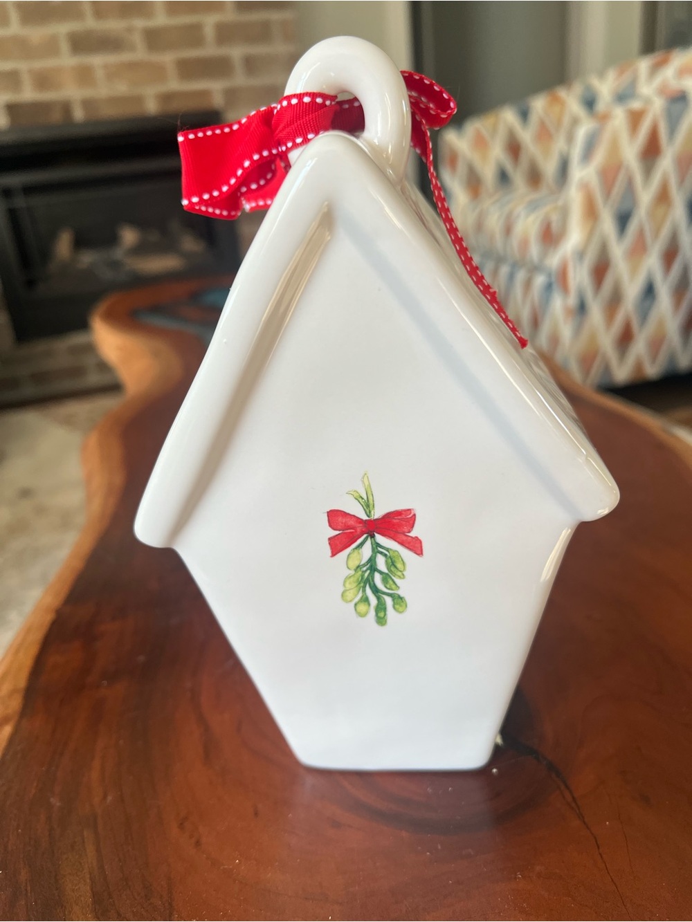 Rae Dunn White Ceramic JOY Birdhouse Ornament with Red Ribbon - Picture 2 of 3
